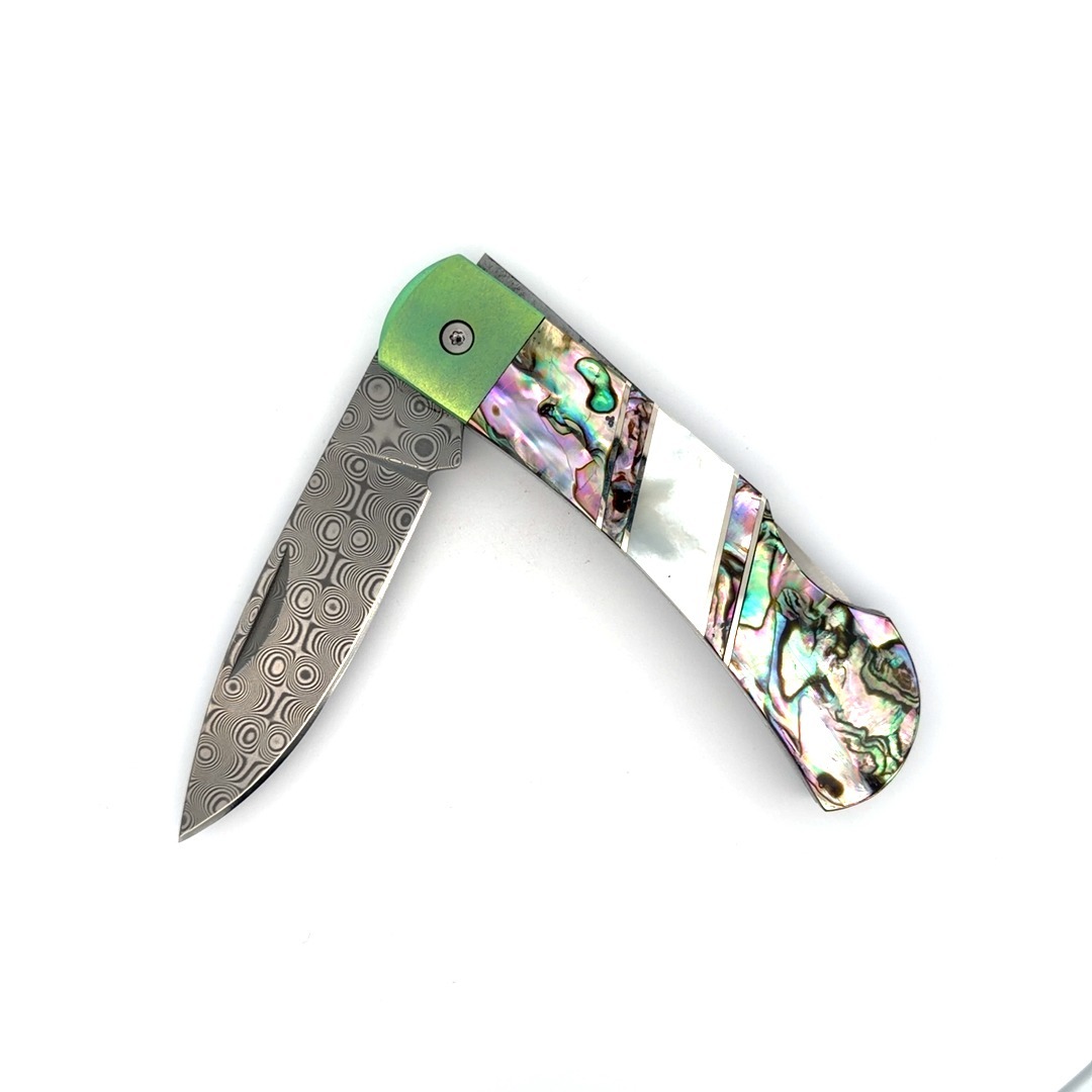 Damascus 3 Lock back with solid Abalone with Wood back and Anodizing Bolster in Green, Santa Fa Knife -  No Discount 