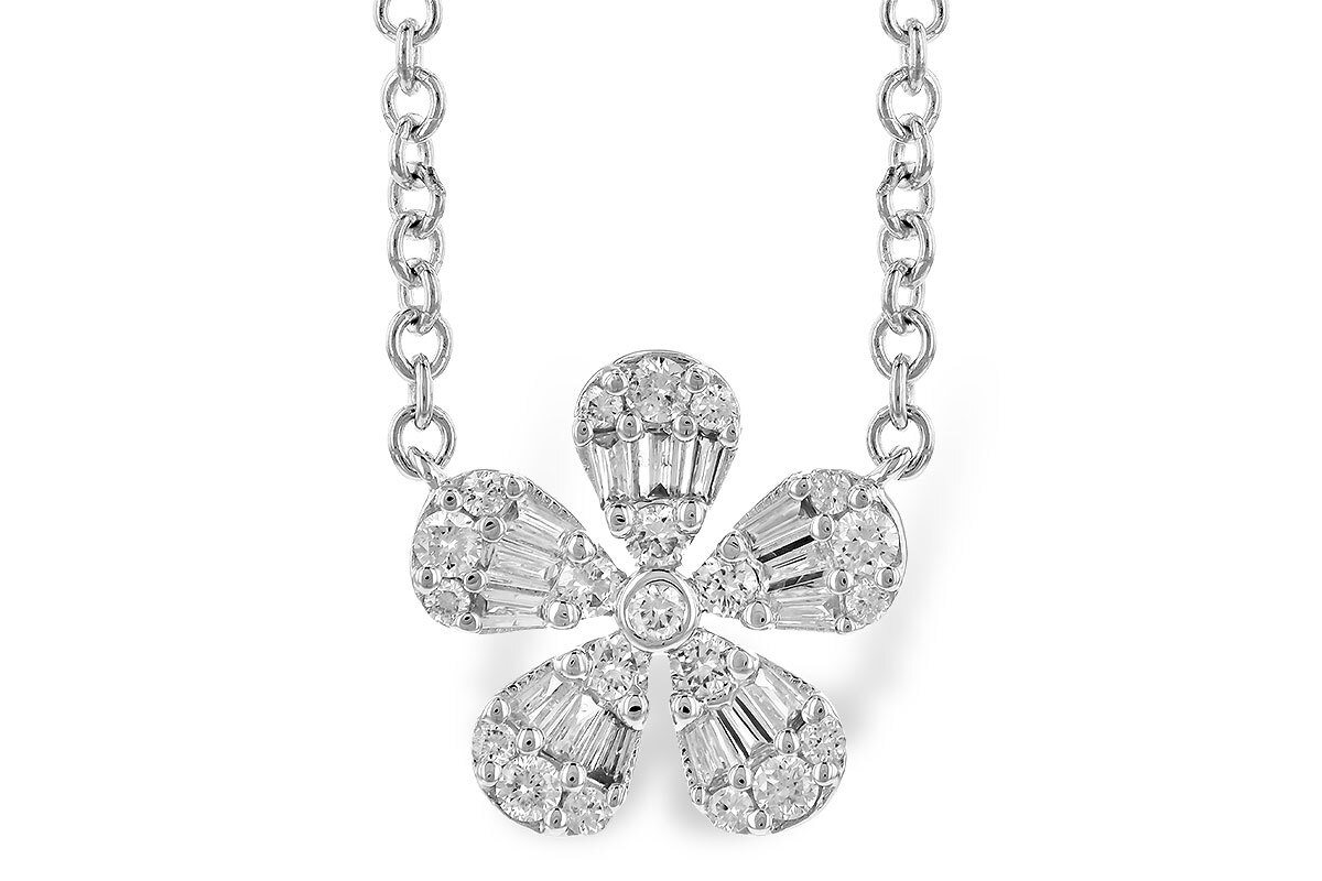 Diamond Flower Pendant, .09ctw Baguette and Round Diamonds creating a flower design attached to a 14K White Gold Cable chain