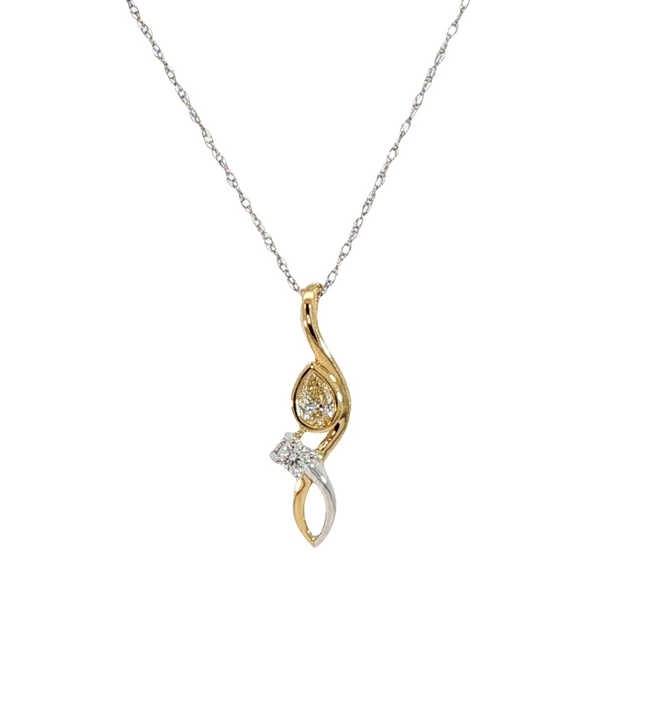 Diamond Pendant, 14K Yellow and White gold design with .15ctw Pear and round shaped diamonds