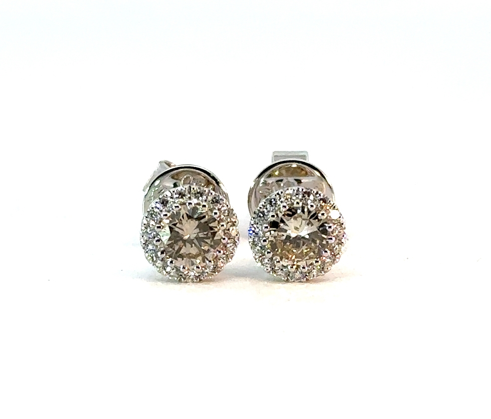 Diamond Studs, .73ct Champagne Diamonds set in 18K White Gold with .17ctw Diamond halo