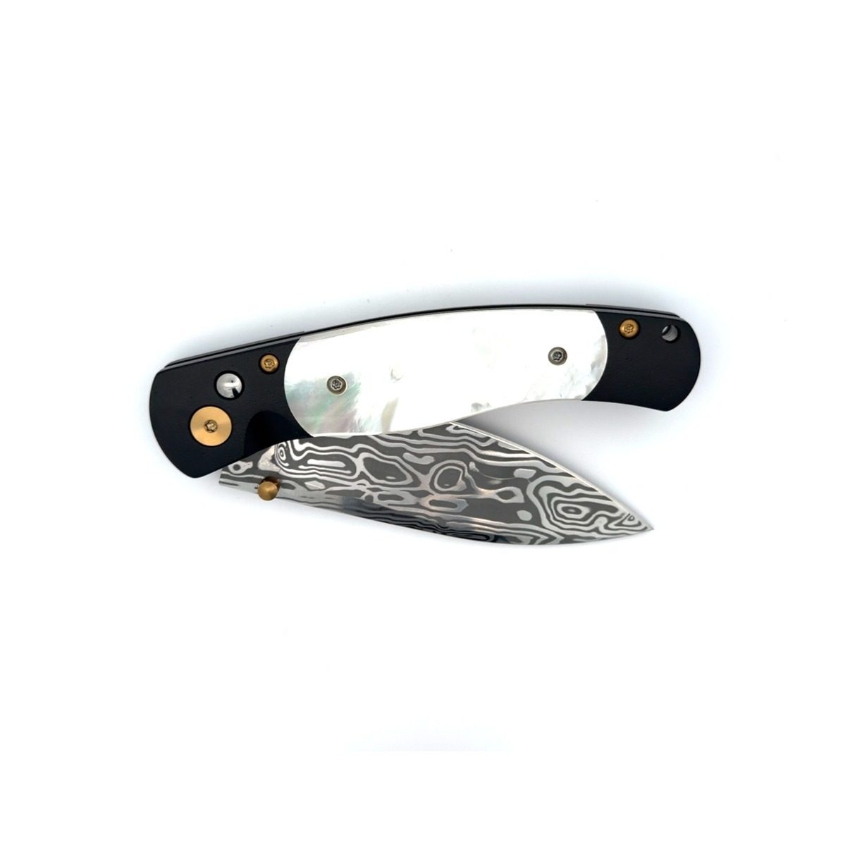 EL REY Button Lock Damasteel, Mother of Pearl Cerakote Handle with PVD coated Hardware-Gold, pocket knife - No Discounts