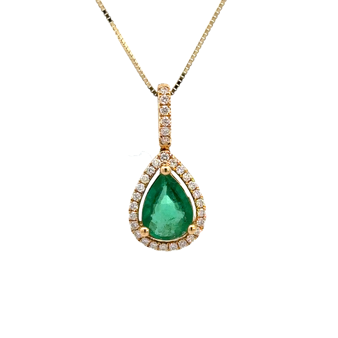 Emerald Diamond Pendant, 1.22ct Pear Shaped Emerald set in 18K Yellow Gold with .17ctw Diamond Halo, Pendant hangs on 18K Yellow Gold Box chain