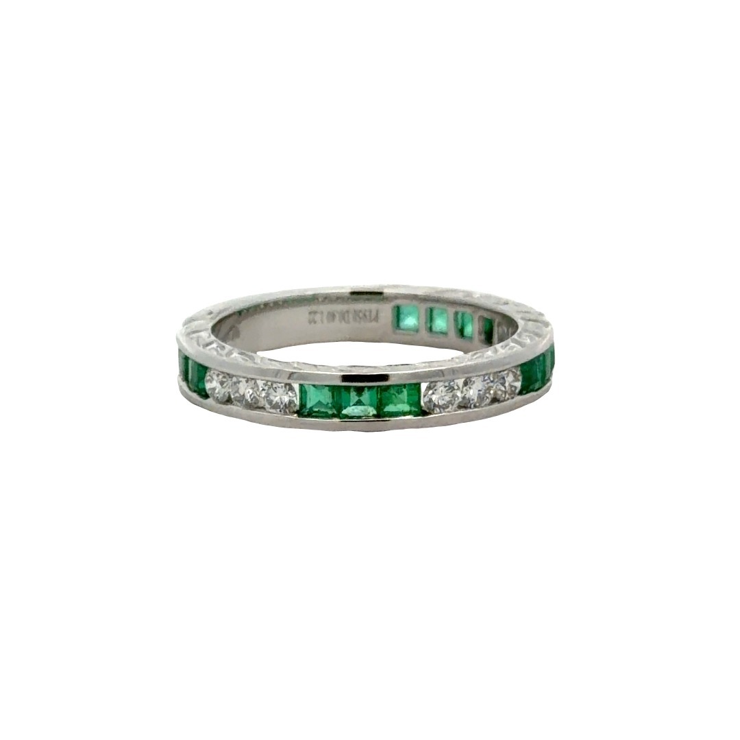 Emerald Diamond Ring, .40ctw Round diamonds set with 1.20ctw Princess cut Emeralds set in a Platinum band