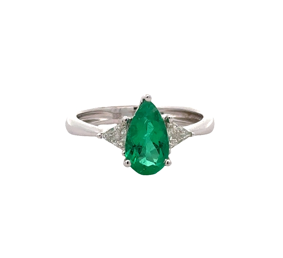Emerald Diamond Ring, .62ct Pear Shaped Emerald set in 18K White Gold with .20ctw Trillion cut Diamonds