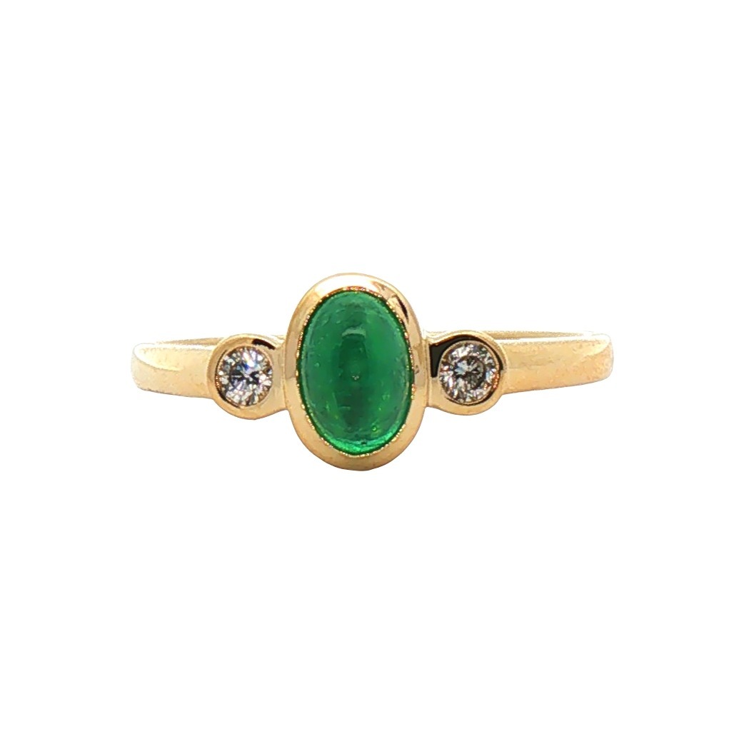 Emerald Ring, .48ct Cabochon cut oval Emerald with .08ctw Diamond accent bezel set in 14K Yellow Gold 