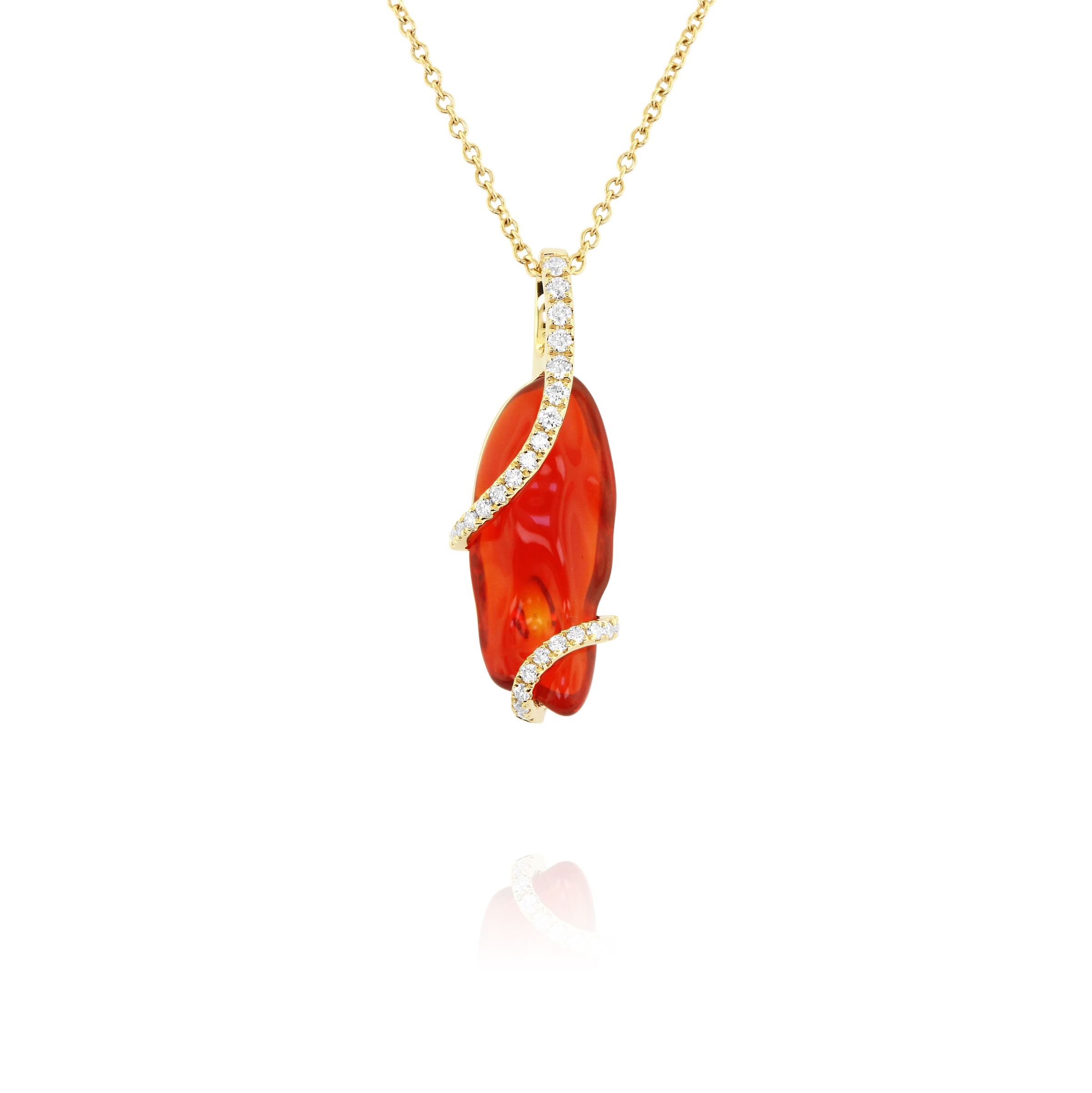 Fire Opal Pendant, 18K Yellow Gold, 3.37ct Fire Opal with .24ctw Diamond accents 