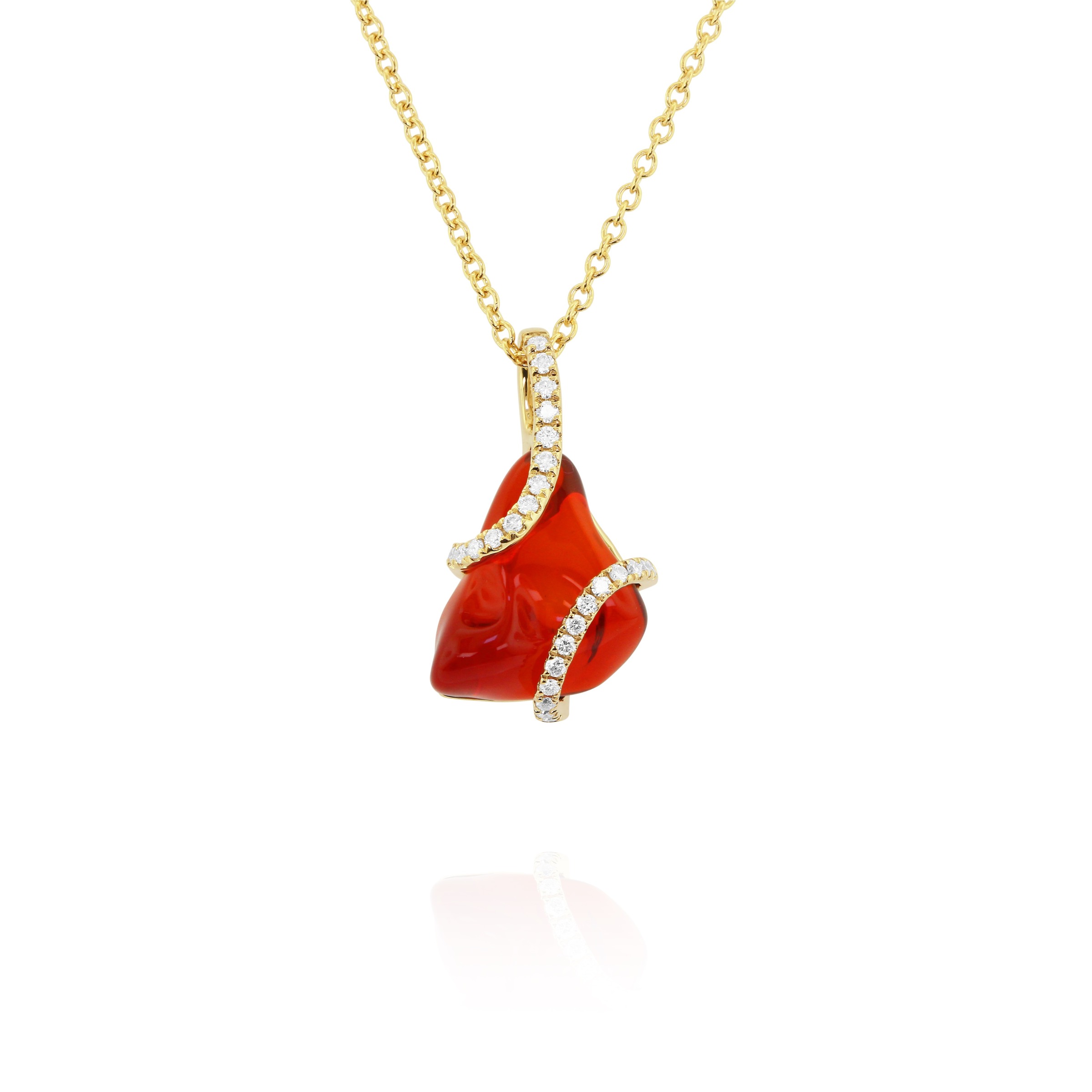 Fire Opal Pendant, 18K Yellow Gold, 3.76ct Fire Opal with .23ctw Diamond accents 