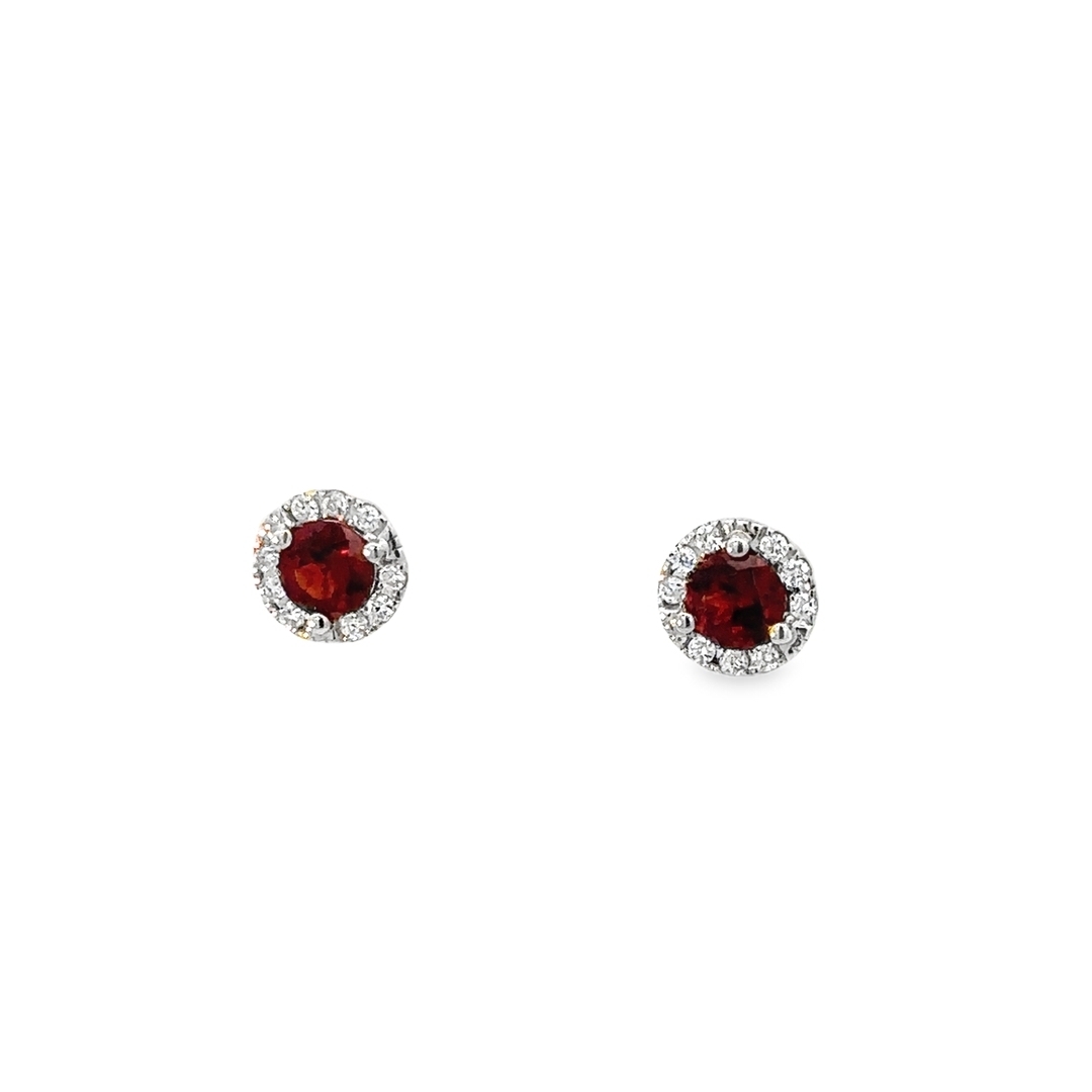 Garnet Diamond Studs, 4mm Round Garnets set in 14K White Gold with .16ctw Diamond Halo 