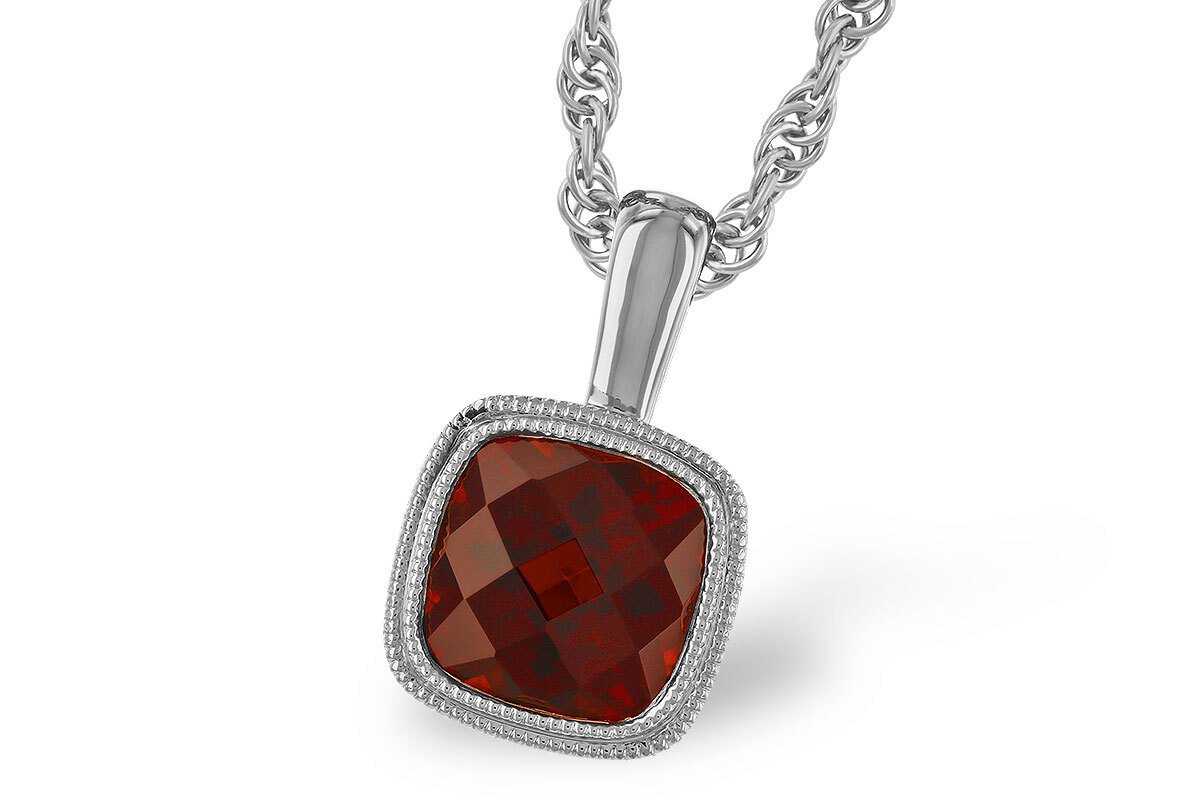 Garnet Pendant, 1.22ct Cushion cut Garnet set in 14K White Gold with Milgrain edging around the Bezel