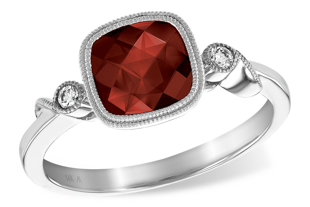 Garnet Ring, 14K White Gold with 1.79ct Cushion cut Garnet, Checkerboard top facets, and .05ctw Diamond accents 