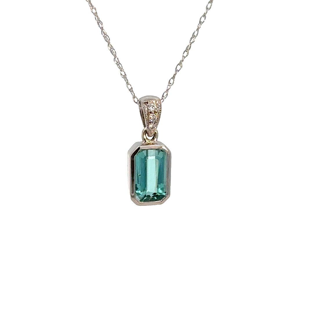 Green Tourmaline Diamond Pendant, 1.11ct Emerald cut Tourmaline with Diamond accents on bail