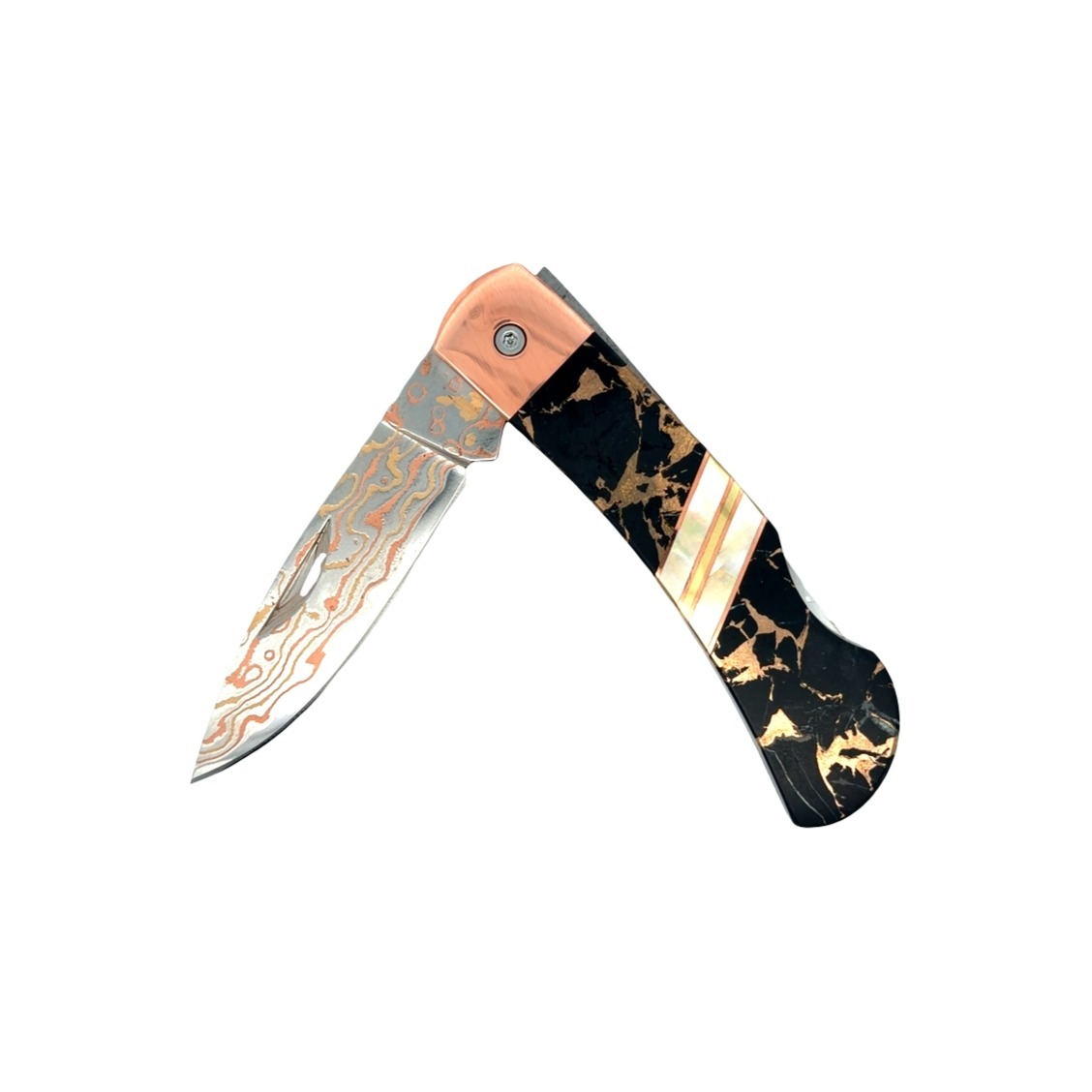 Knife, Copper/Brass Damascus 3 Lock back blade with  Copper Bolster-gem, double sided Obsidian Bronze - No Discount 