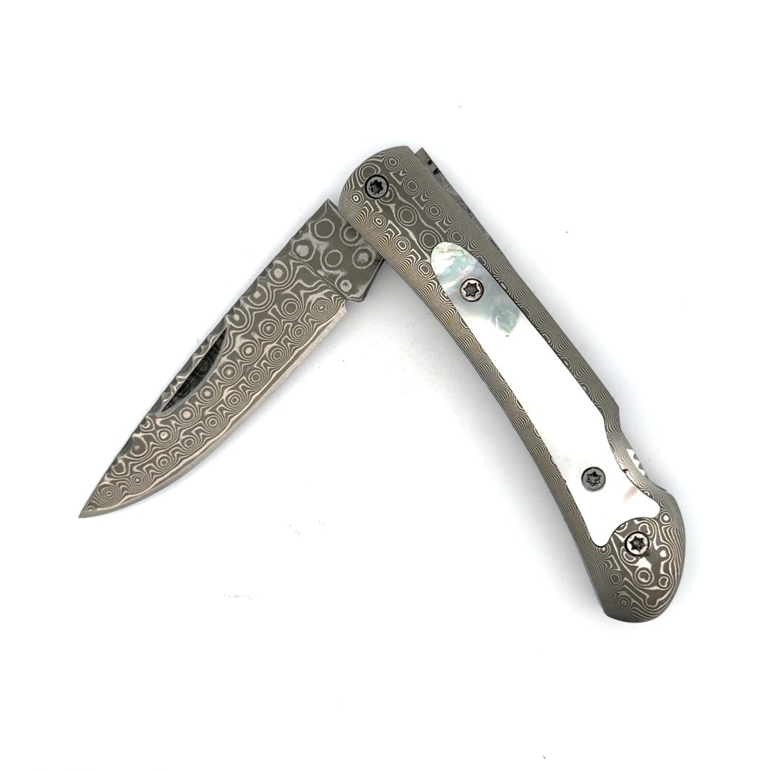 Knife, Damascus Steel Lock Back Blade with Mother of Pearl inlay on handle - No Discount  