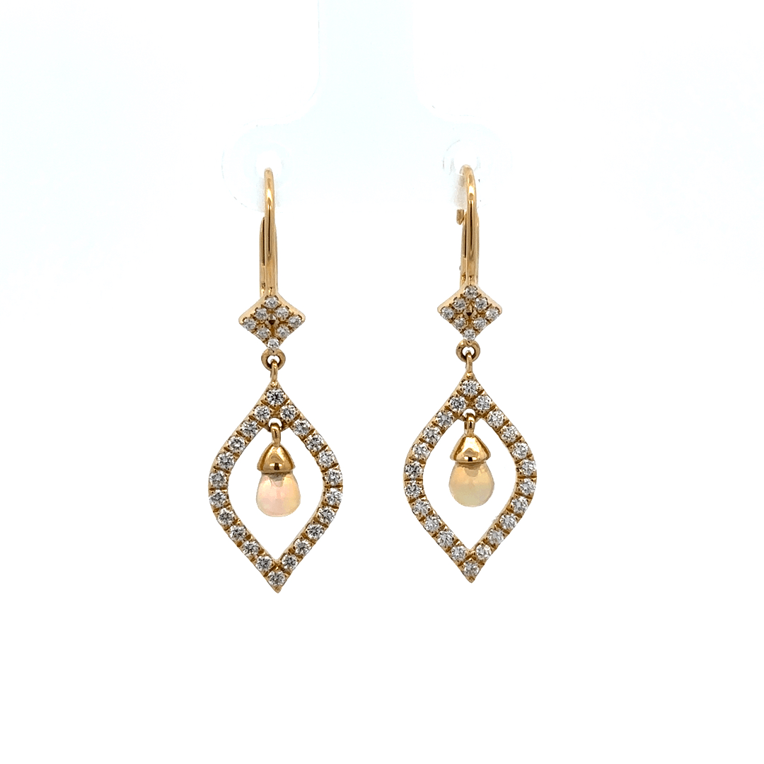 Opal Earrings, 18K Yellow Gold Dangle Earrings with .75ctw Opals, .77ctw Diamond accents On 18K Yellow Lever Backs