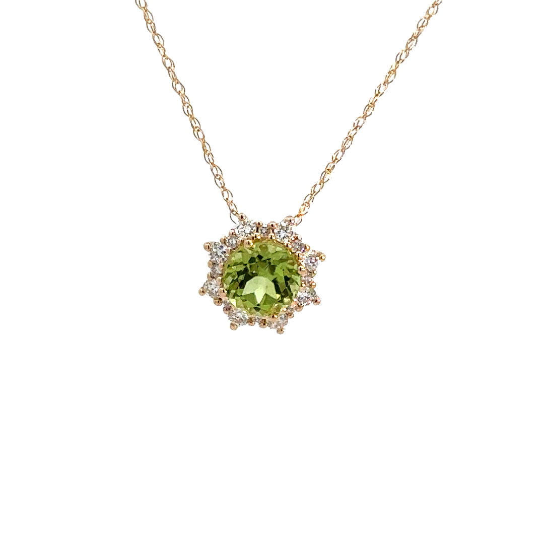 Peridot Diamond Pendant, .93ct Round Peridot set in 14K Yellow gold with .21ctw Diamond Halo on a 14K Yellow Gold fine display chain