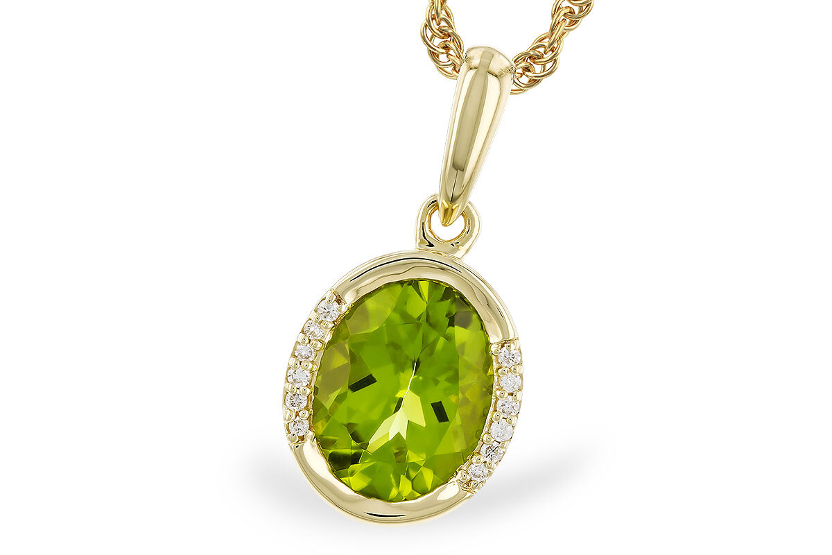 Peridot Pendant, 14K Yellow gold Bezel design pendant with Oval 1.72ct Peridot with .03ctw Diamond accents 