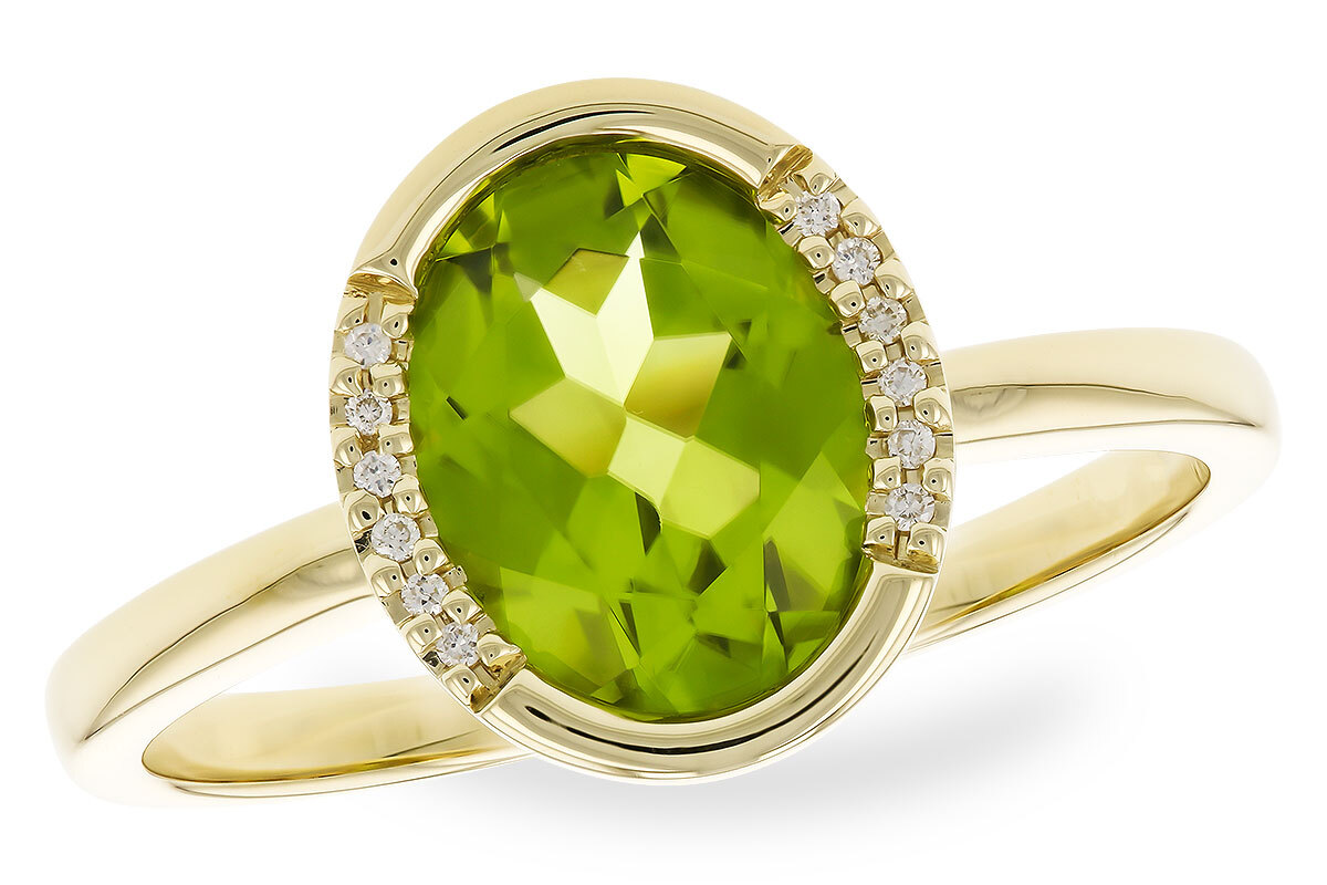 Peridot Ring, 14K Yellow Gold Bezel design ring with 1.72ct Oval Peridot with .03ctw Diamond accents 