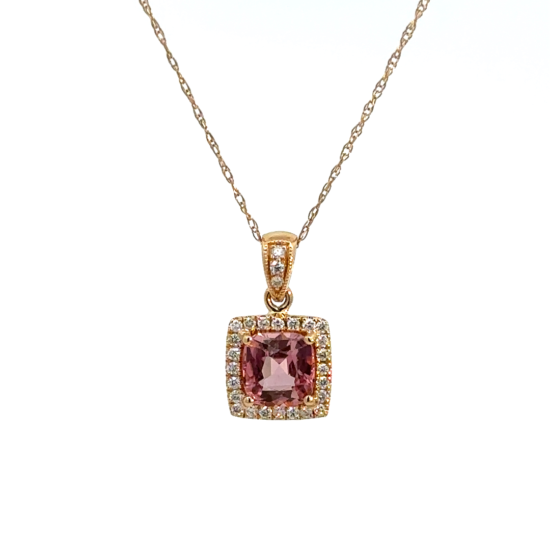 Pink Tourmaline Diamond Pendant, 14K Yellow Gold Pendant with 1.08ct Cushion cut Pink Tourmaline with .13ctw Diamond halo around on a 14K Yellow Gold fine display chain