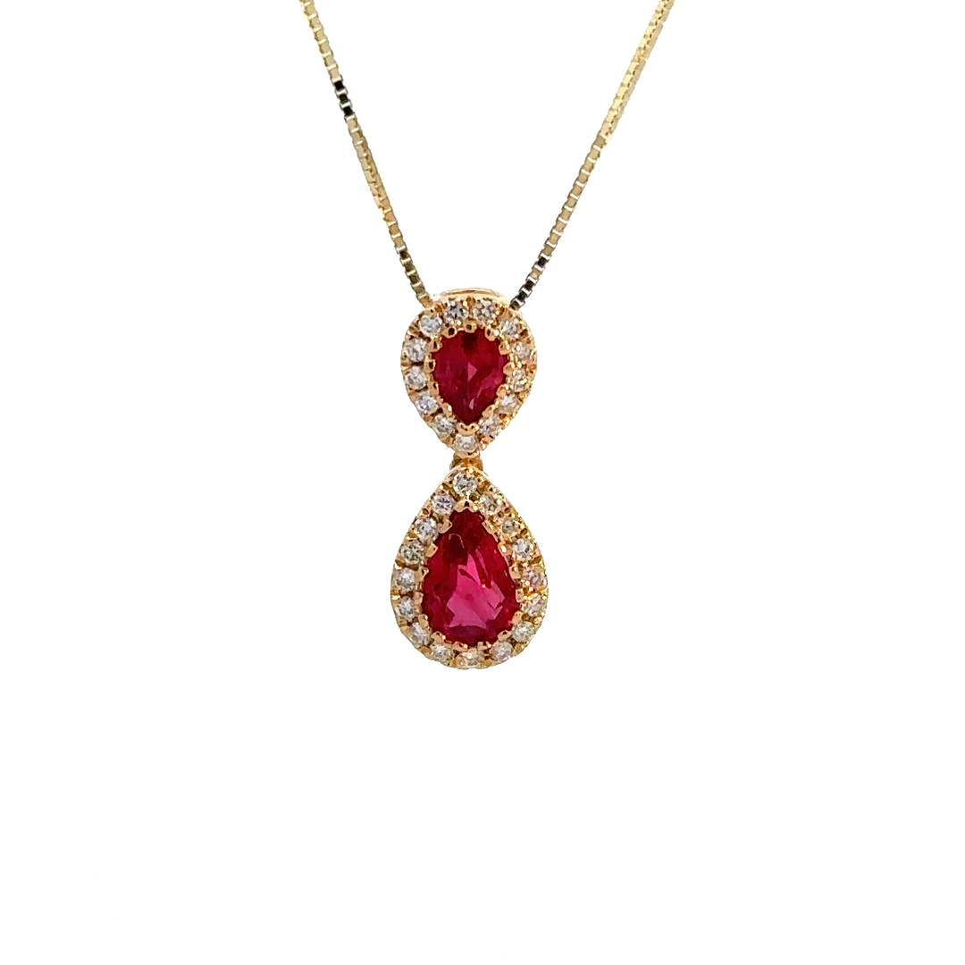 Ruby Diamond Pendant, .72ctw Pear Shaped Rubies set in 18K Yellow Gold with .14ctw Diamond Halos, Pendant hangs on 18K Yellow Box Chain