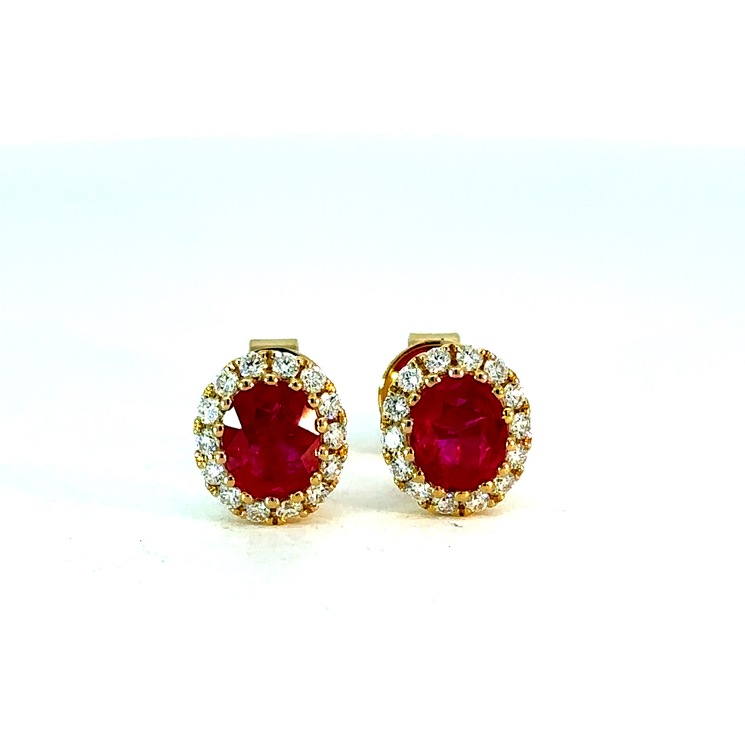 Ruby Diamond Studs, 1.35ctw Oval Rubies set in 18K Yellow Gold with .32ctw Diamond Halos 