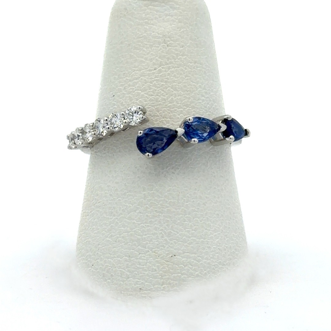 Sapphire Diamond Ring, 14K White Gold Bypass design with three 5x3mm Pear shaped Sapphires with .29ctw Diamonds 