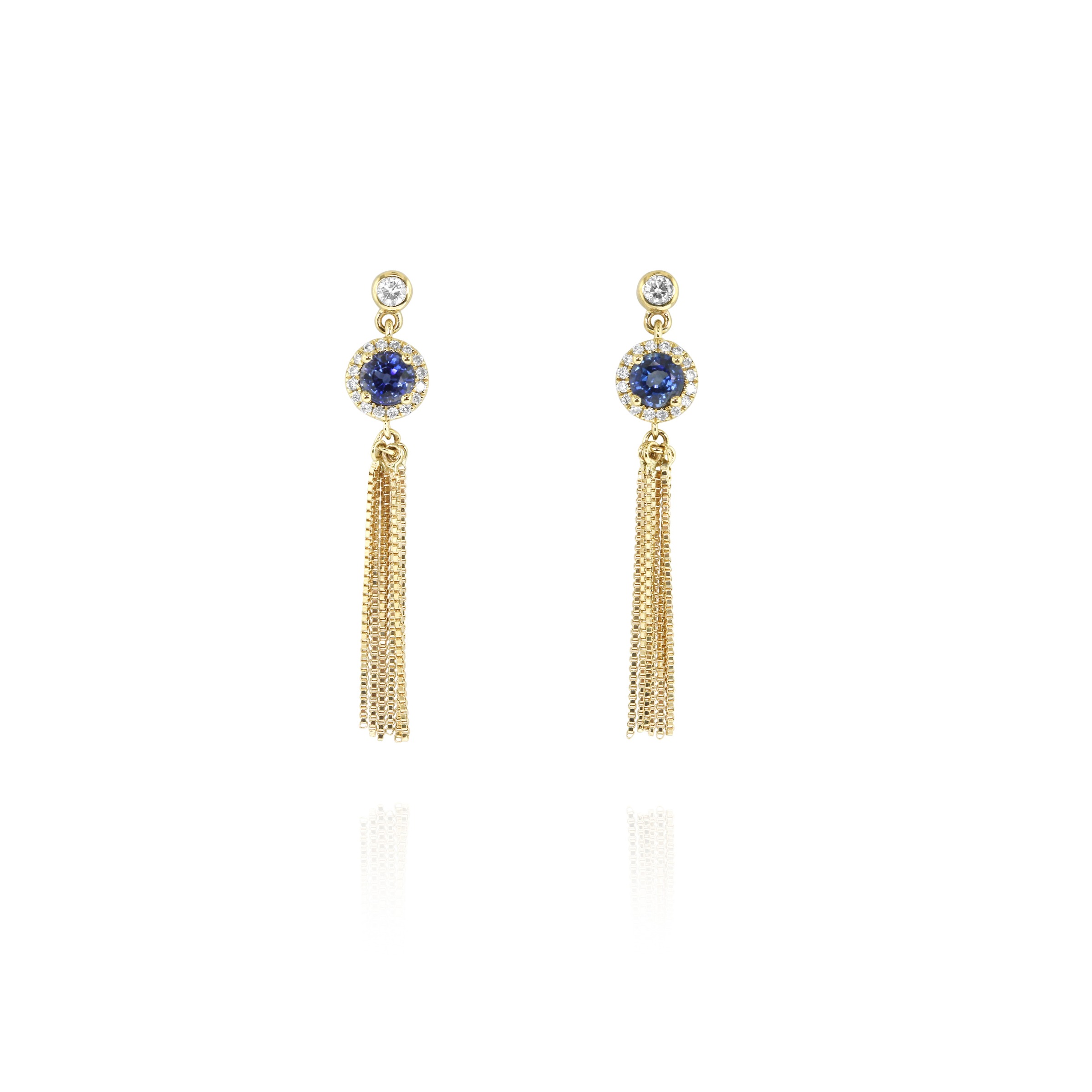 Sapphire Earrings, .72ctw Blue Sapphires with .31ctw Diamond accents, 14K Yellow Gold Chain Dangles 
