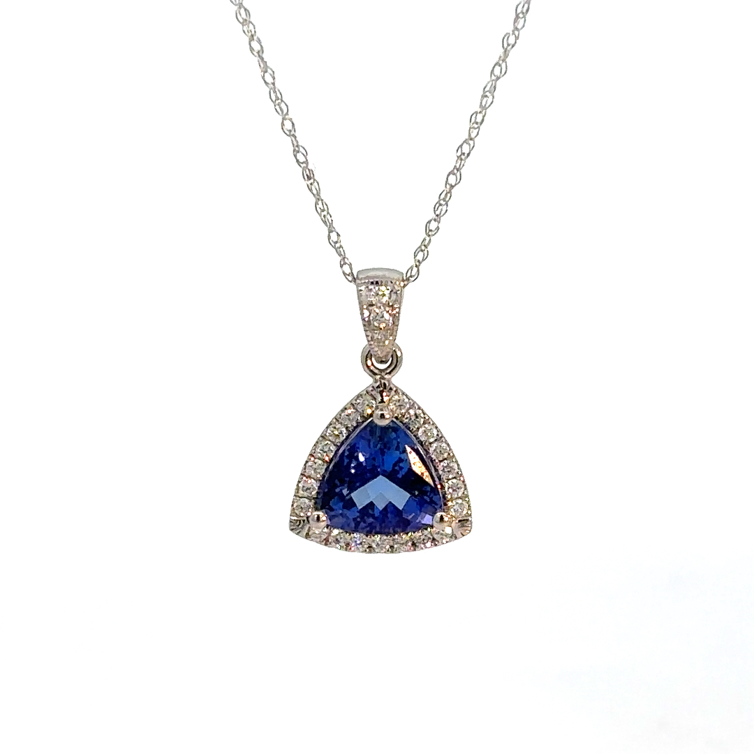 Tanzanite Diamond Pendant, 1.67ct Trillion cut Tanzanite set in 14K White Gold with .16ctw Diamond halo accents around with a 14K White Gold fine display chain