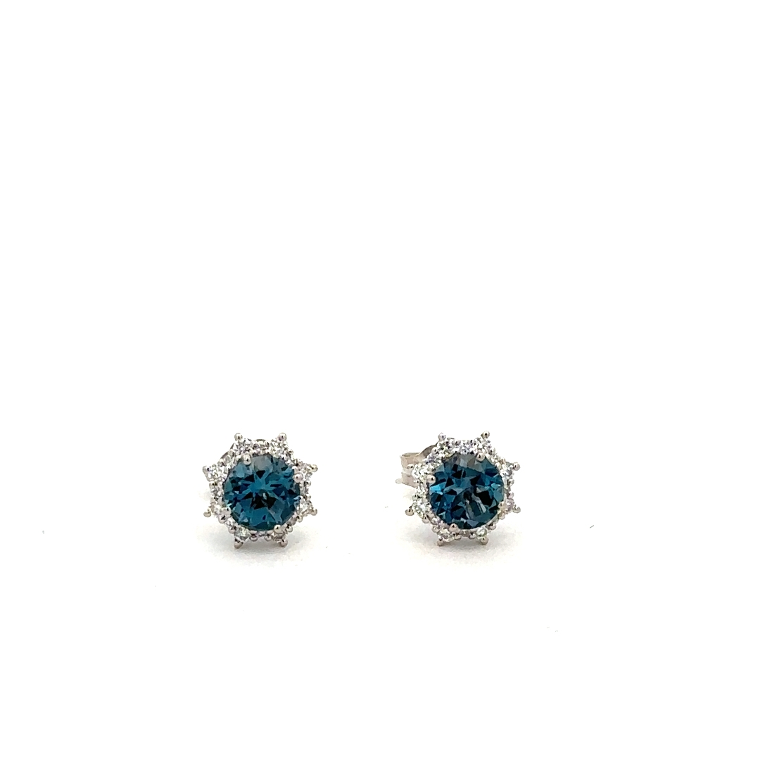 Topaz Diamond Studs, .85ctw Blue Topaz set in 14K White Gold with .21ctw Diamond Halo
