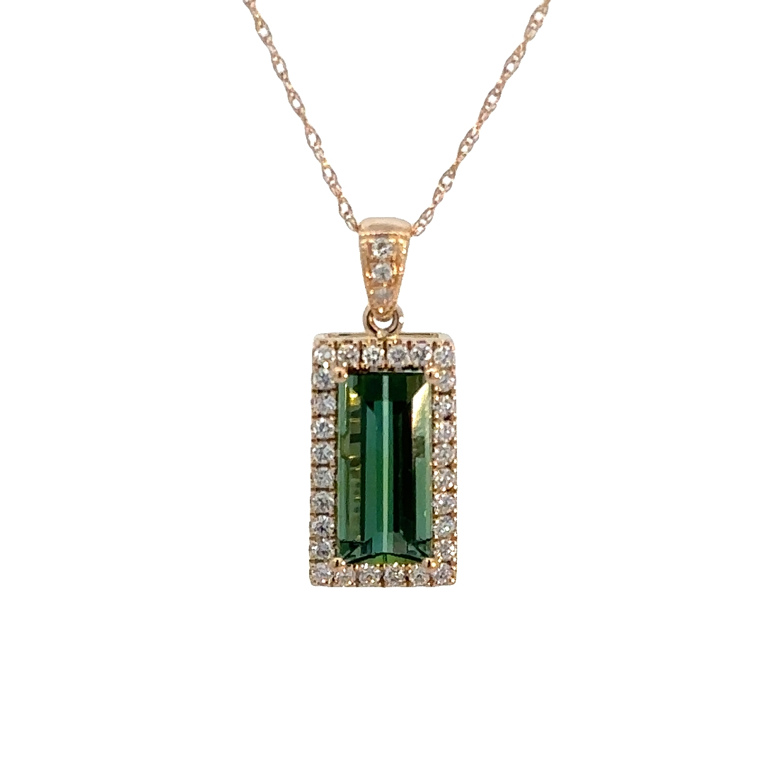 Tourmaline Diamond Pendant, 2.12ct Emerald cut Tourmaline set in 14K Yellow Gold with .23ctw Diamond Halo and Bail accents 