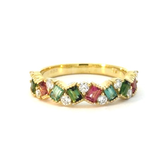 Tourmaline ring, 14K Green Gold with .64ctw Mulit color Tourmalines Baguettes and .27ctw Diamond accents 