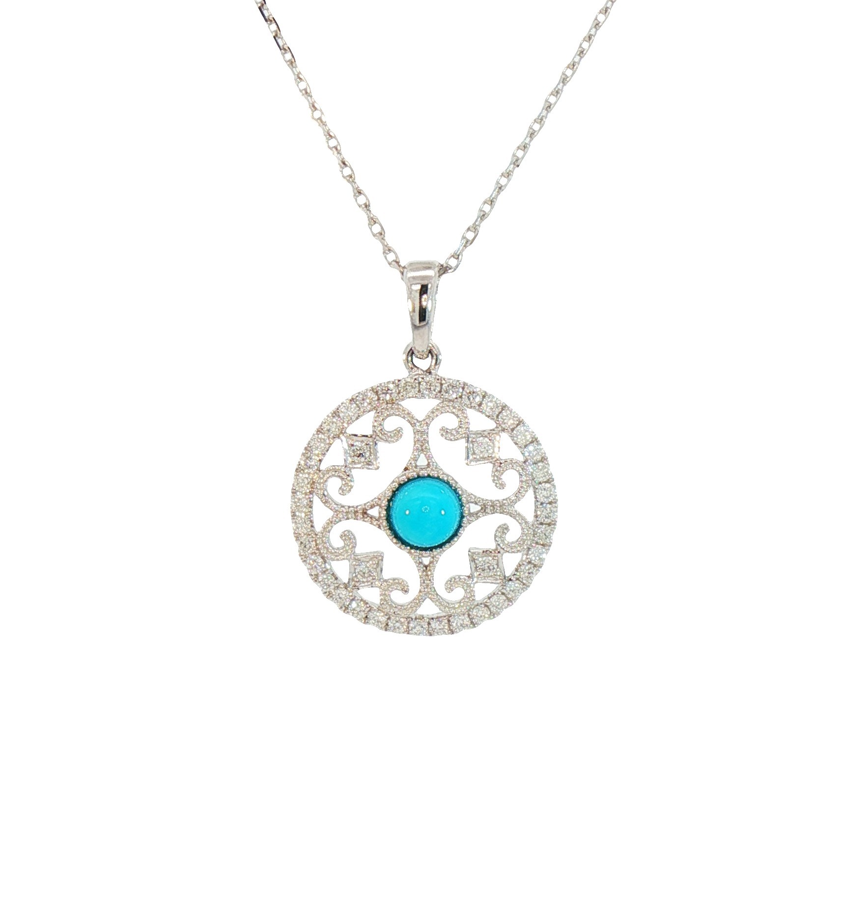Turquoise Diamond Pendant, 14K White gold 18mm Antique look design with round Turquoise and .33ctw Diamond accents 