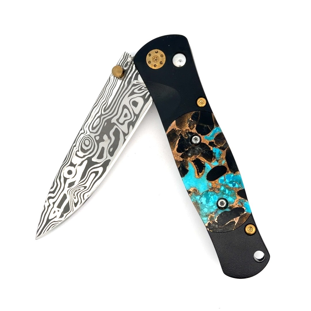  Damasteel Knife, Kingman Blue Turquoise, Obsidian & Bronze, PVD coated hardware - Gold EL Rey button lock knife - No Discount  