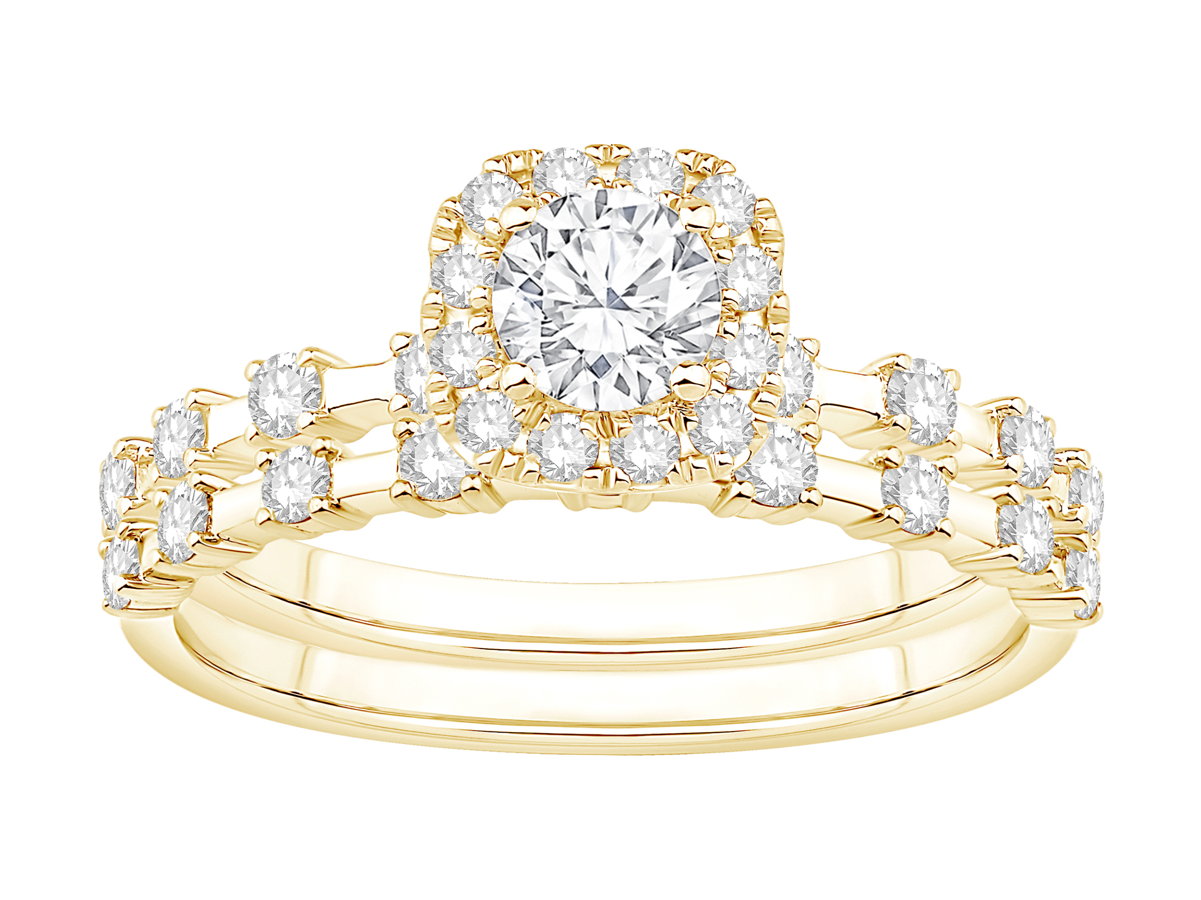 14 Karat Yellow Gold Bridal set with Round Center in Cushion Halo and Matching Diamond Wedding Band .89 TDW 