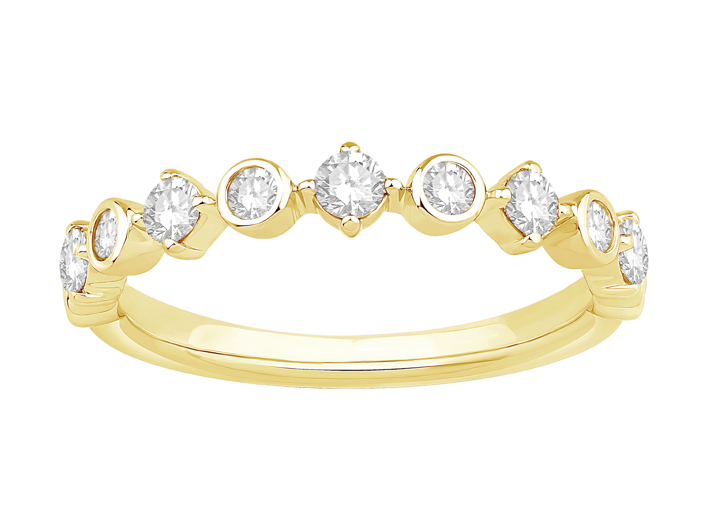 14 Karat Yellow Gold Stackable Band with Alternating Bezel and Prong Set Round Diamonds .50 TDW 