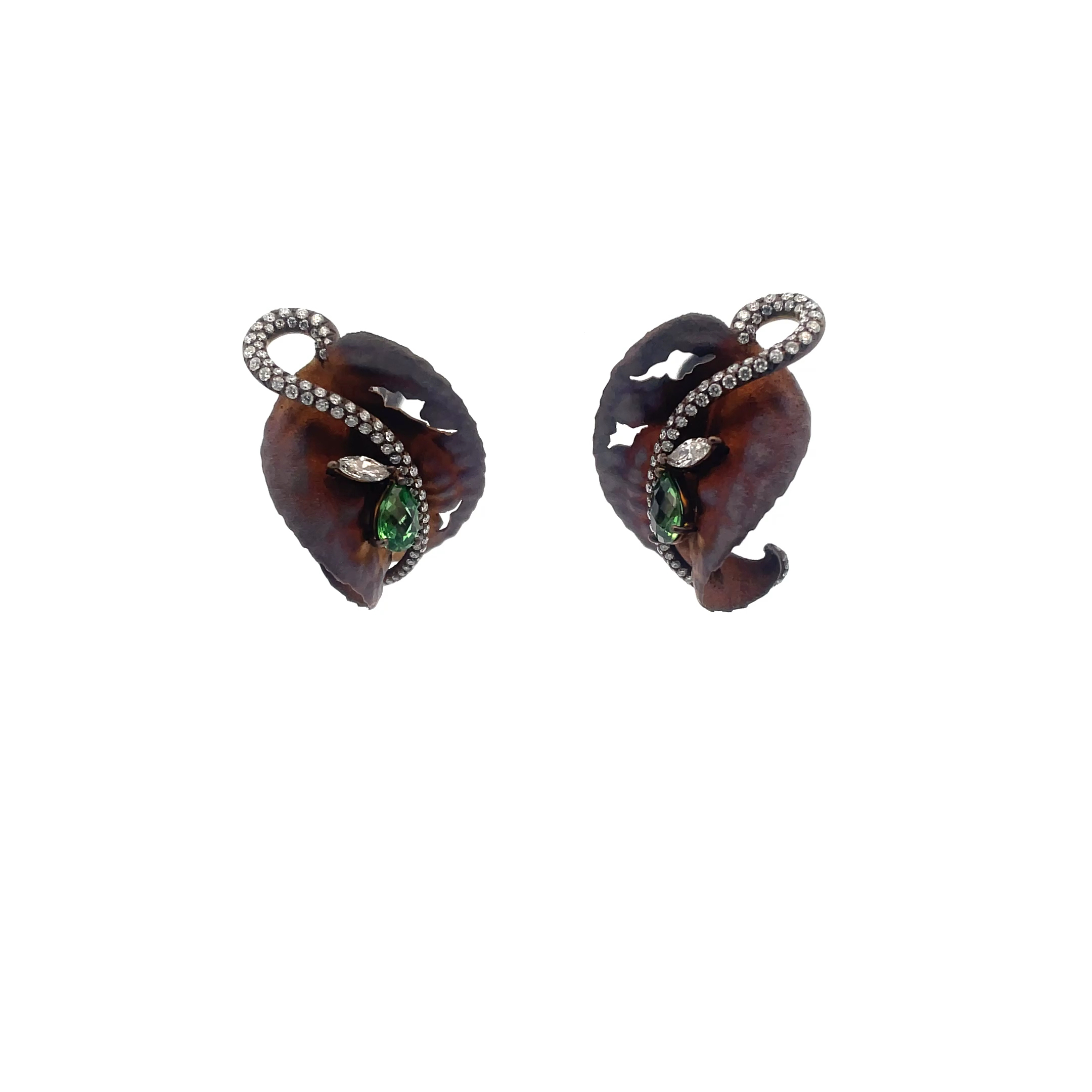 18K/TI brown leaf earrings 1.51ct garnet, 1.31ct MQ dia, 1ct dia