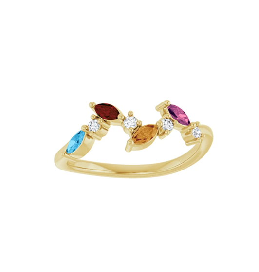 14kt Yellow Gold 4-Stone Family Ring with Diamonds and Customizable Marquise Colored Stones