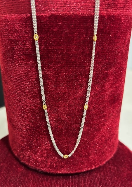 Diamond Station Double Chain Necklace in 18-Karat White & Yellow Gold, 10D=.16CTTW. 16 Length