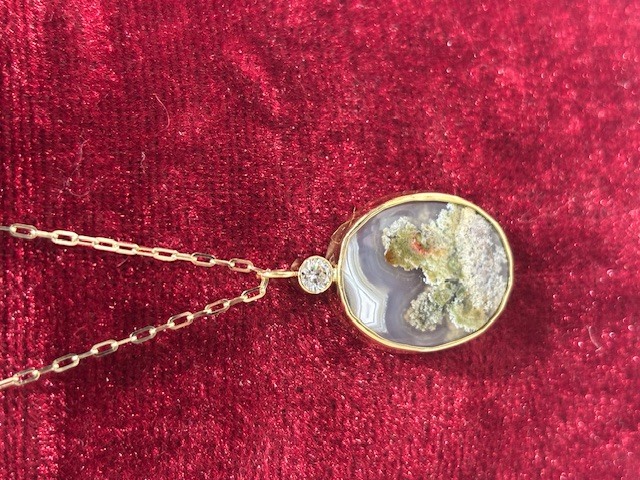 Diamonds on Nature's Canvas! Superb Landscape Agate Pendant in 18-K, on 14-K Long Link Chain, 18 D=.15CT!