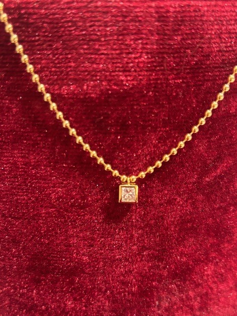 Gorgeous Princess Cut Natural Diamond Solitaire Necklace in 18-Karat Gold, D=.32 G/SI2. Adjustable 16-18