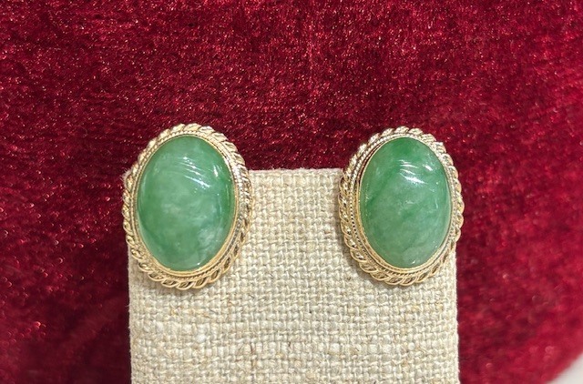 Lovely Vintage Jade Stud Earrings in 14-K Yellow Gold, Luxe Backs! Estate Collection