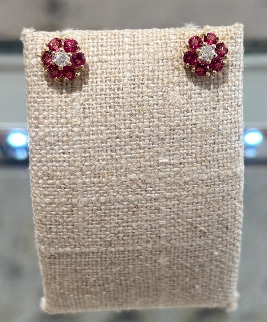 Pink Topaz & Diamond Flower Stud Earrings in 14K Yellow Gold. 12PT=.93CTTW, 2D=.12CTTW