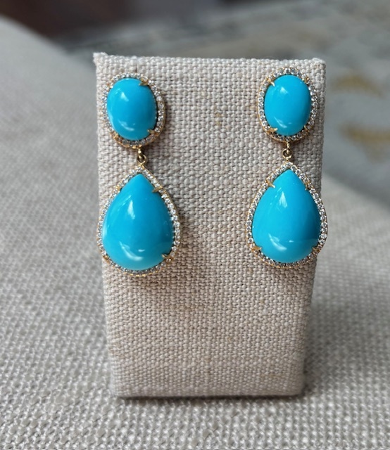 STUNNING Turquoise & Diamond Halo Drop Earrings in 18-Karat Yellow Gold, 4TQ=18.59CTTW, D=.56CTTW