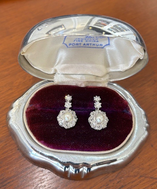 Simply Exquisite Antique Diamond & Pearl Earrings with Modern Double Diamond Topper & 18K Protektor Backs. 16 Old Mine Diamonds=.50CTTW, 4 Brilliant Cut Diamonds=.40cttw