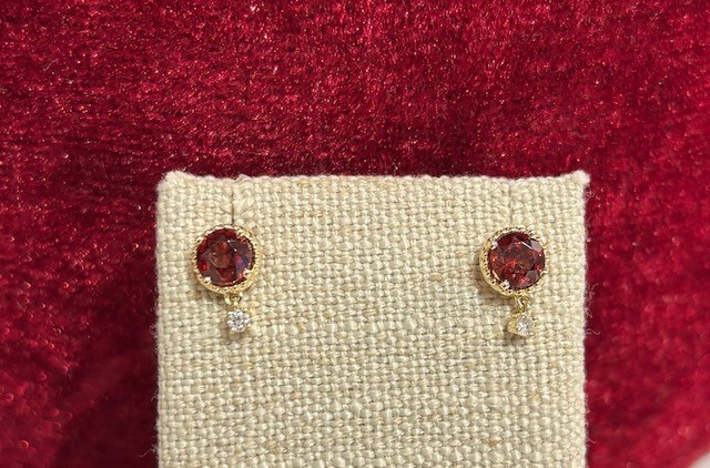 Simply Fantastic Garnet Stud Earrings with Diamond Drop in 14-Karat Yellow Gold, 2G=1.10CTTW, 2D=.05CTTW