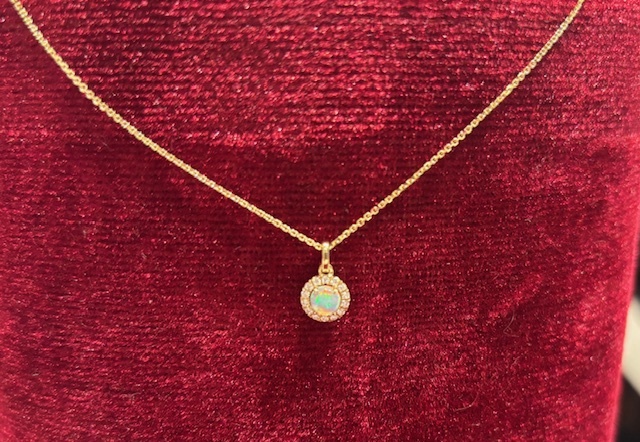Stunning .16CT Opal w/Diamond Halo Necklace in 14-Karat Yellow Gold. 14D=.07CTTW. Adjustable Length 16-18!
