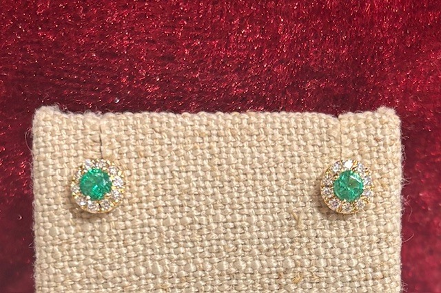Stunning Emerald & Diamond Halo Stud Earrings in 14-Karat Yellow Gold, 2E=.23CTTW, 20D=.12CTTW