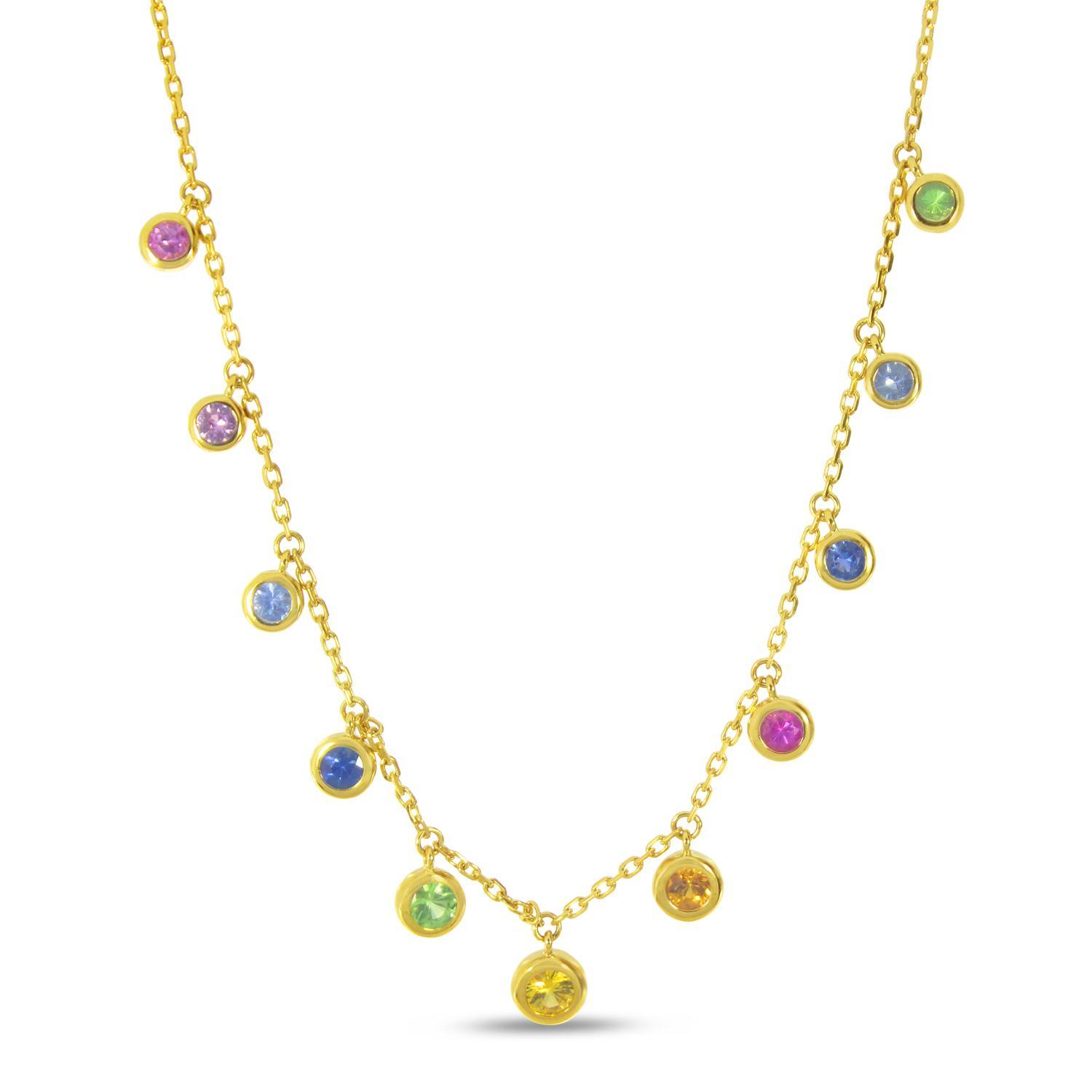 Stunning & Fun Rainbow Sapphire Bezel Dangle Necklace in 14-K Yellow Gold, 11S=.92CTTW