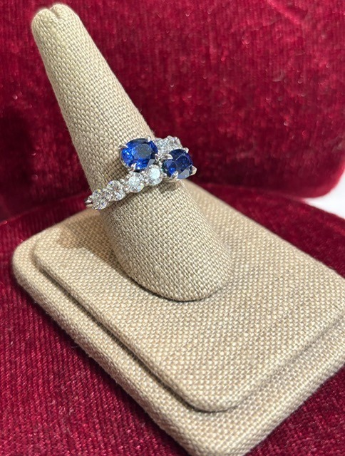 Stunning JGFJ-Made Twin Sapphire & Diamond Ring w/8D F/VS=2.06CTTW, 2S=3.52CTTW in Platinum, Size 8.25. Estate Collection
