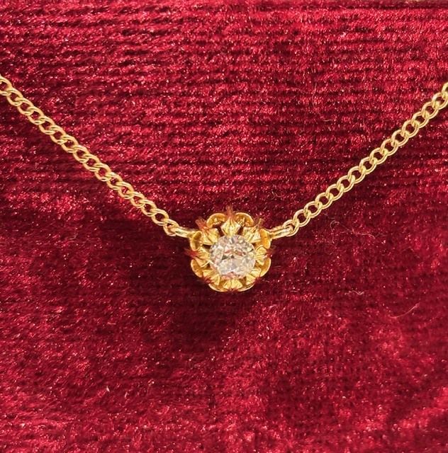 Stunning Old Mine Diamond Solitaire Necklace in 14-Karat Yellow Gold, 16 Length w/New Clasp! .49CT, J/SI1