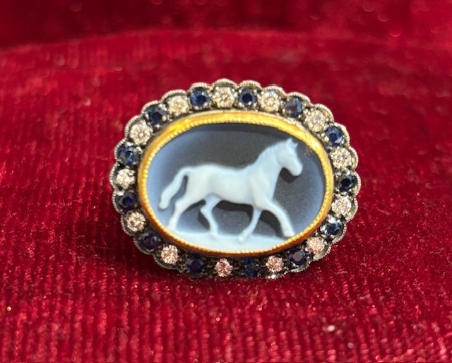 Stunning Stallion Hardstone Cameo Ring in 24K Yellow Gold, Sterling Silver, Natural Diamonds & Sapphires! 13D=.39CTTW, 13S=.55CTTW, Size 7